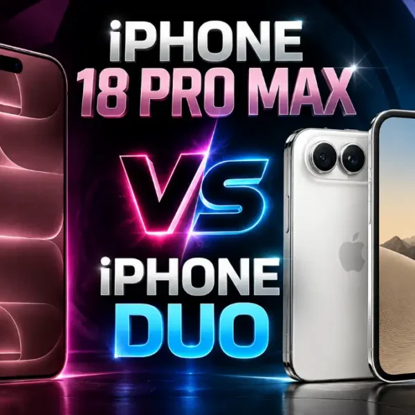 Confronto grafico tra iPhone 18 Pro Max color bordeaux e iPhone Duo pieghevole color argento per l'articolo iphone duo