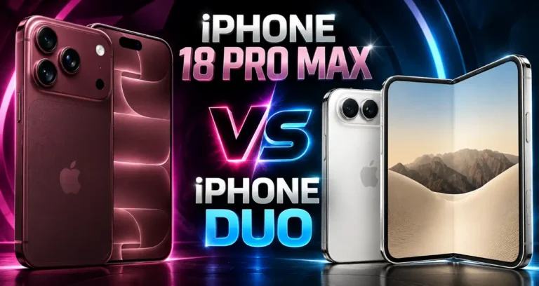 Confronto grafico tra iPhone 18 Pro Max color bordeaux e iPhone Duo pieghevole color argento per l'articolo iphone duo