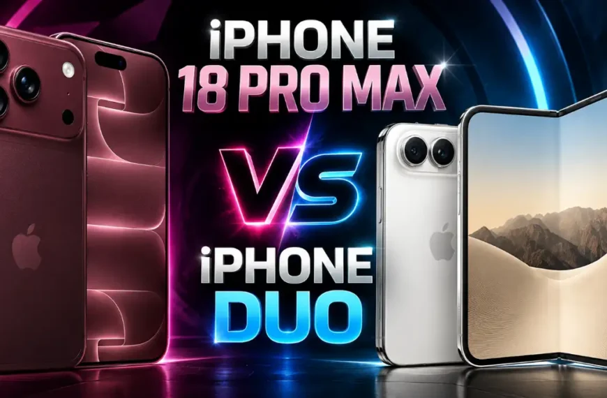 Confronto grafico tra iPhone 18 Pro Max color bordeaux e iPhone Duo pieghevole color argento per l'articolo iphone duo