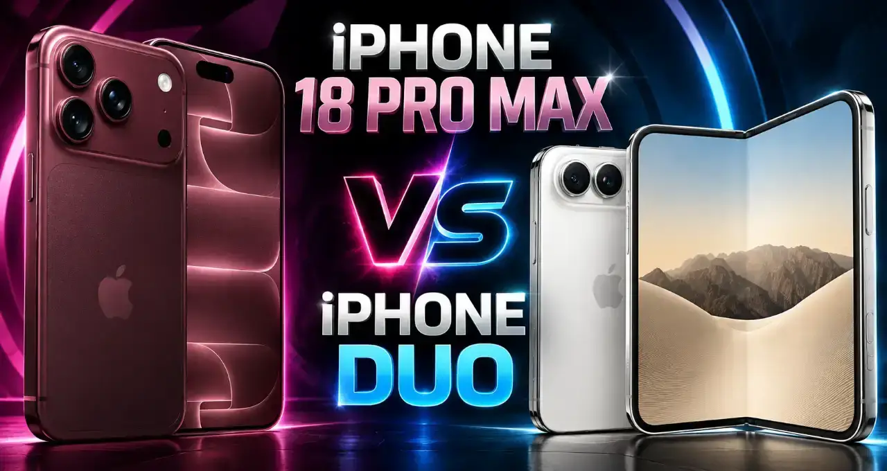 Confronto grafico tra iPhone 18 Pro Max color bordeaux e iPhone Duo pieghevole color argento per l'articolo iphone duo