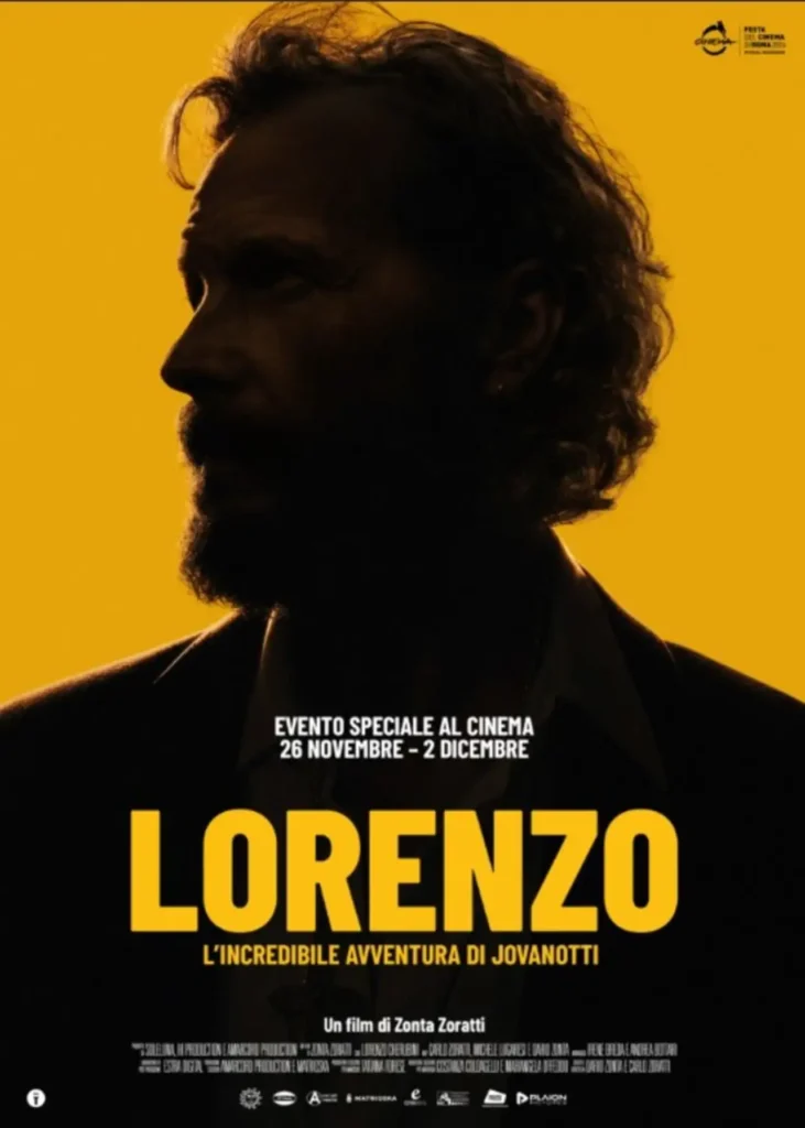 Locandina del film Lorenzo – L’incredibile avventura di Jovanotti con il profilo di Jovanotti su sfondo giallo e date evento