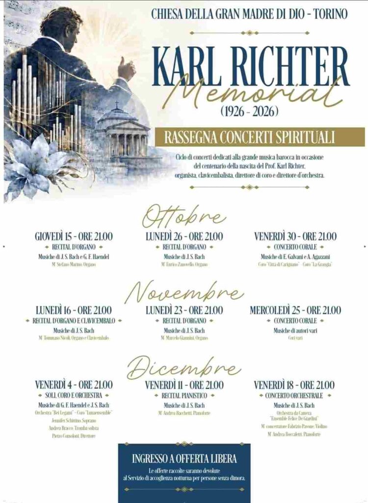 Locandina azzurra e dorata del Karl Richter Memorial con silhouette di organista, cupola della Gran Madre e calendario dei