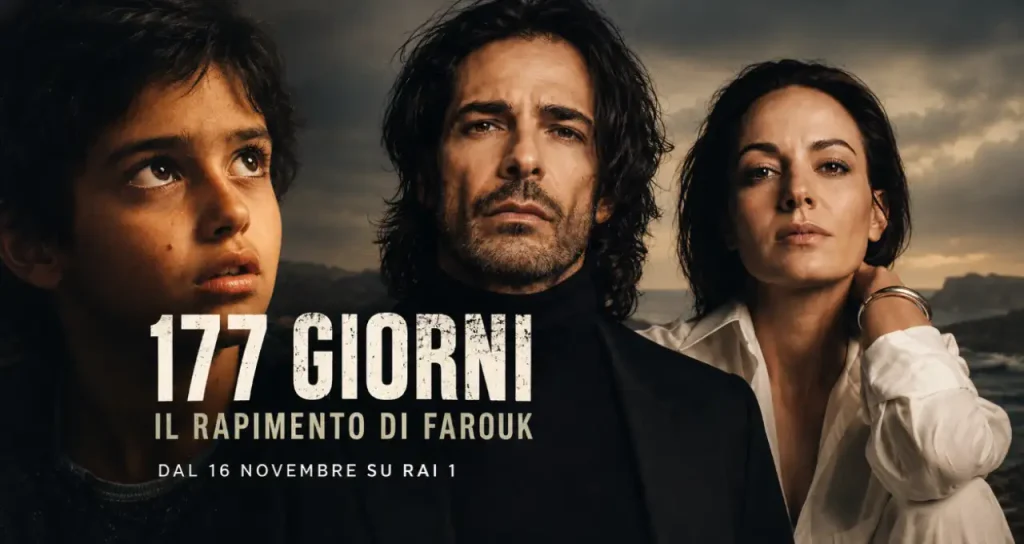 Tre volti seri in primo piano su sfondo nuvoloso; titolo bianco grande "177 GIORNI" e sottotitolo "IL RAPIMENTO DI FAROUK"