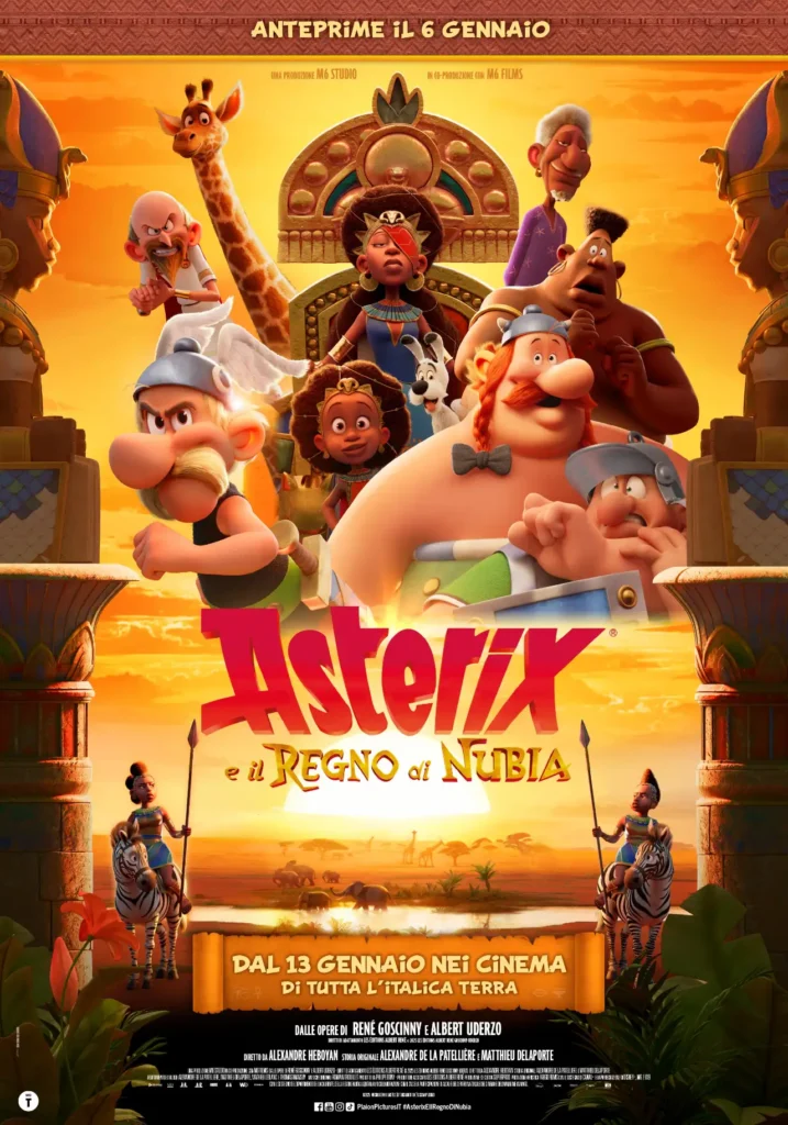 Locandina del film Asterix e il Regno di Nubia con i protagonisti Asterix e Obelix in un paesaggio africano al tramonto
