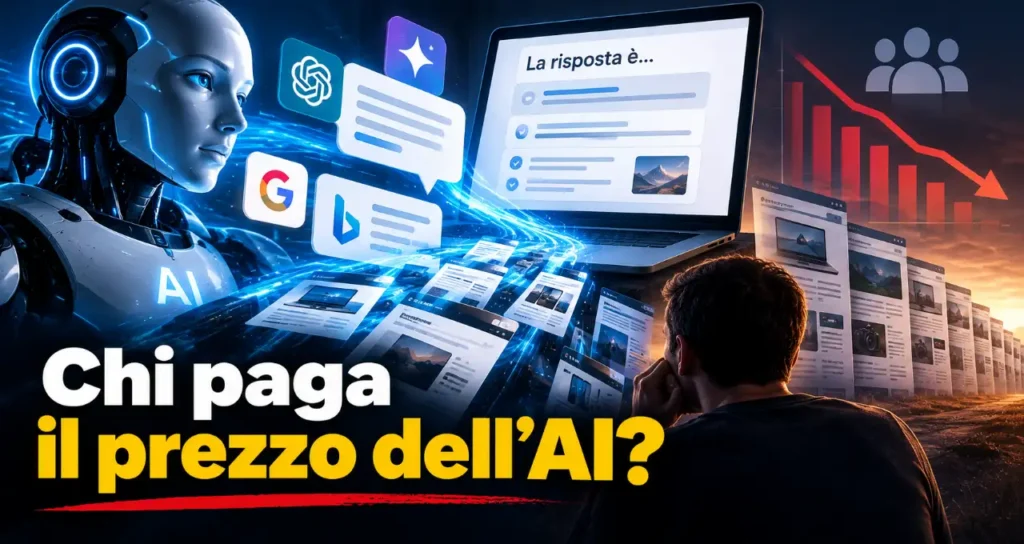 Un robot AI interagisce con un computer che mostra risposte, mentre un uomo osserva il calo di traffico verso gli editori