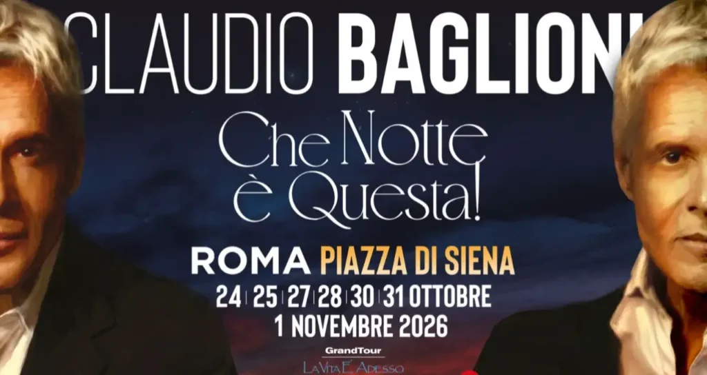 Locandina dei concerti di Claudio Baglioni a Piazza di Siena, Roma, dal 24 ottobre al 1 novembre 2026 su sfondo scuro