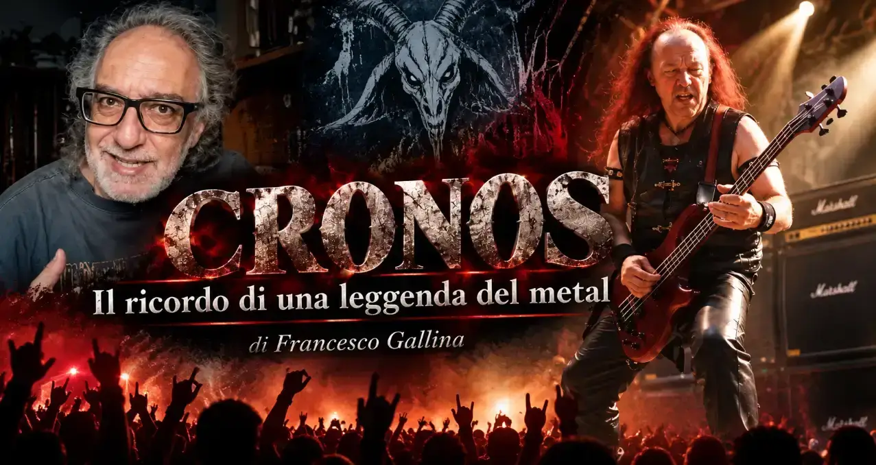 Cronos dei Venom suona il basso dal vivo davanti a una folla in un fotomontaggio con Francesco Gallina e il titolo