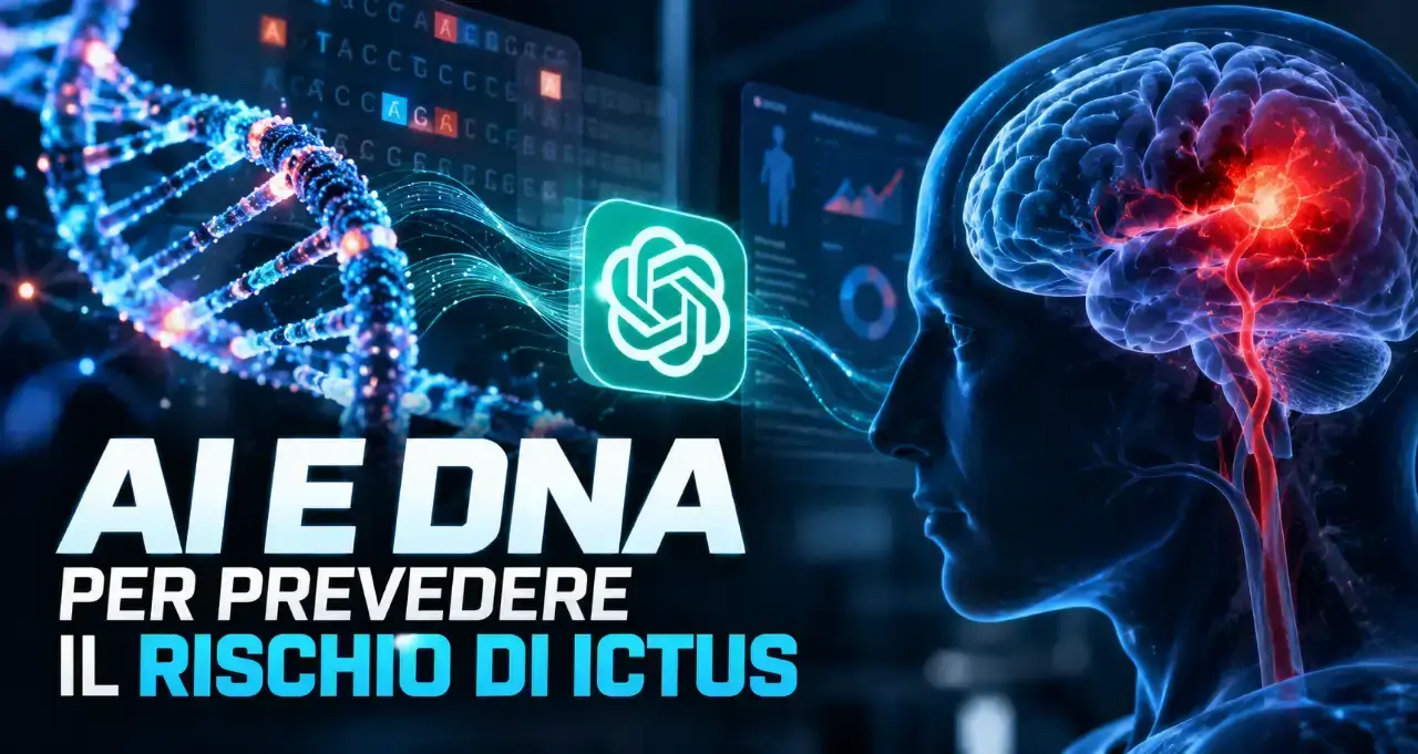 Illustrazione con DNA, cervello umano con area colpita da ictus, logo ChatGPT e testo: AI e DNA per prevedere il rischio di