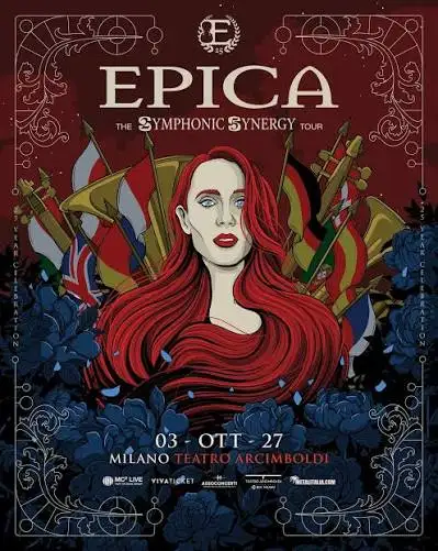 Locandina del concerto Epica Live at The Symphonic Synergy con Simone Simons tra fiori blu e bandiere su sfondo rosso