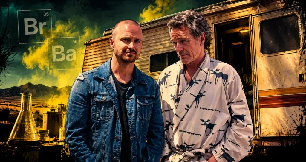 Bryan Cranston in accappatoio e Aaron Paul in giacca di jeans posano davanti al camper della reunion di Breaking Bad