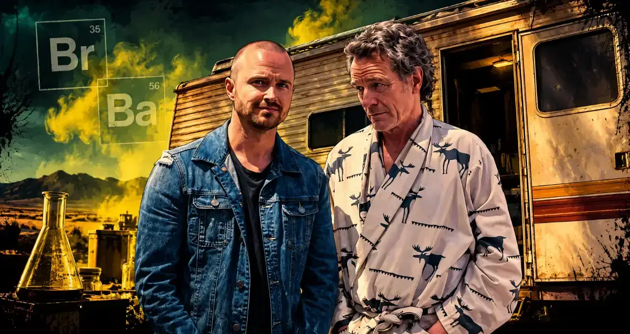 Bryan Cranston in accappatoio e Aaron Paul in giacca di jeans posano davanti al camper della reunion di Breaking Bad