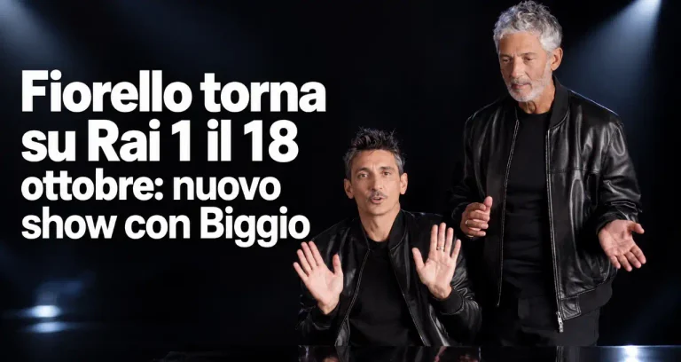 Fiorello e Fabrizio Biggio, entrambi in giacca di pelle nera, posano davanti a una scritta che annuncia il ritorno su Rai 1