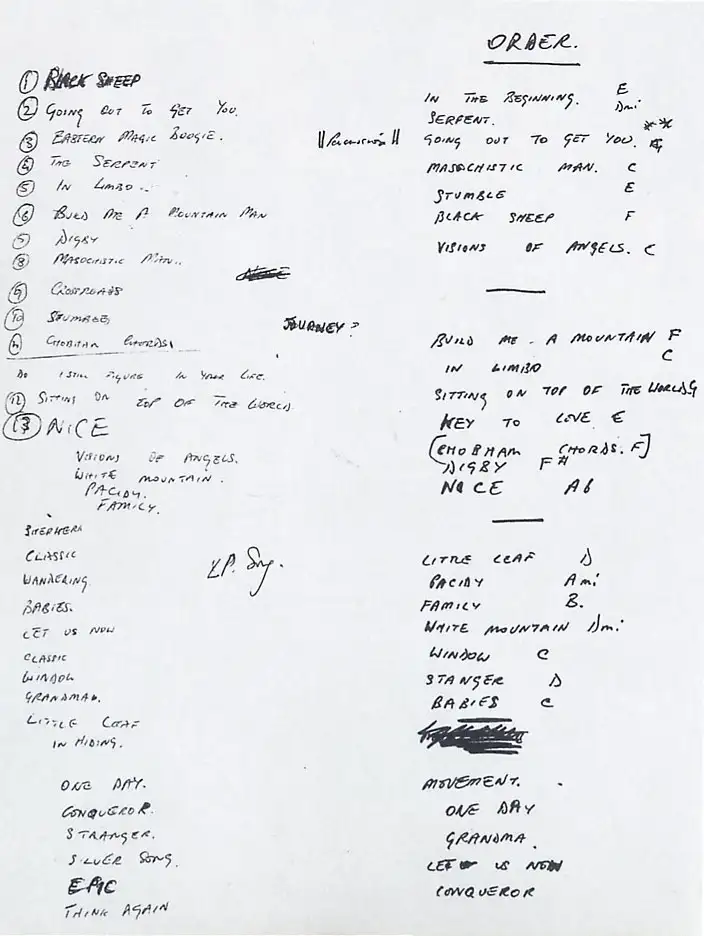 Manoscritto con la scaletta dei brani dell'album Genesis From Genesis to Revelation, contenente titoli di canzoni e note