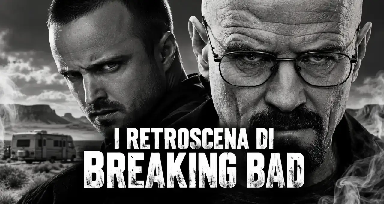 Primo piano in bianco e nero di Walter White e Jesse Pinkman davanti al camper, con la scritta I retroscena di Breaking Bad