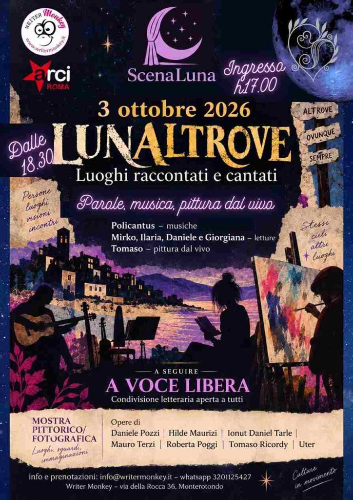 Locandina dell'evento LunAltrove a Monterotondo il 3 ottobre 2026 con illustrazioni di musicisti e pittori dal vivo
