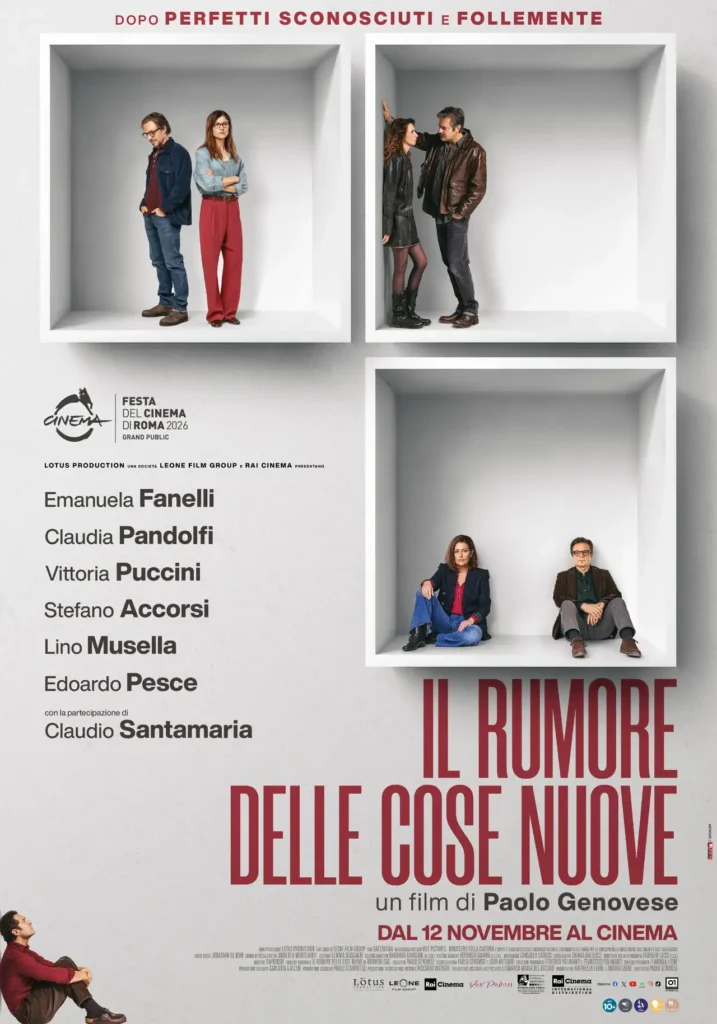 Locandina del film Il rumore delle cose nuove di Paolo Genovese con il cast in tre riquadri bianchi su sfondo grigio chiaro