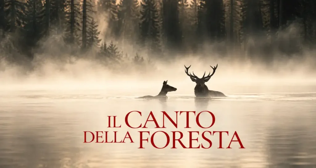 Cervo e cerbiatta immersi in un lago nebbioso davanti a una foresta scura, titolo rosso "IL CANTO DELLA FORESTA" in primo