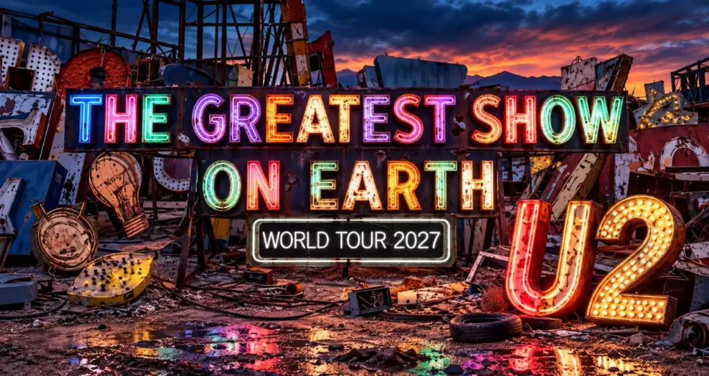 Insegna luminosa colorata su sfondo di rottami con la scritta THE GREATEST SHOW ON EARTH e "WORLD TOUR 2027" e grandi