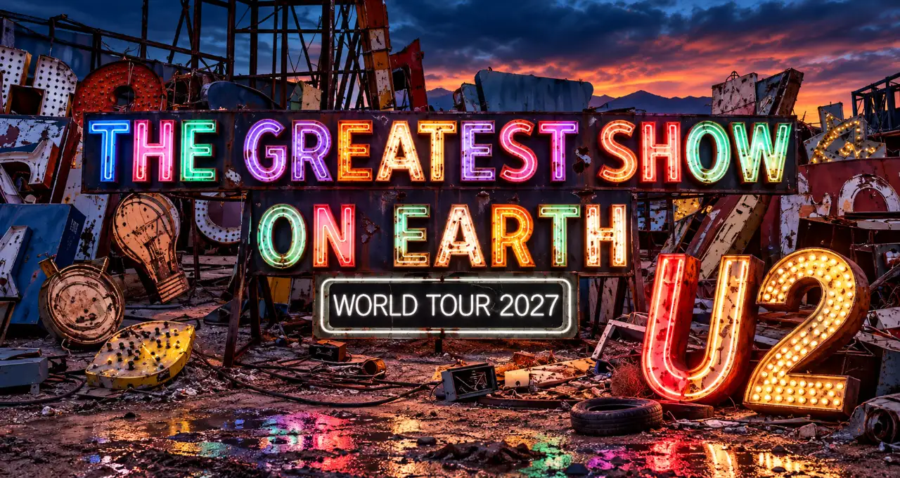 Insegna luminosa colorata su sfondo di rottami con la scritta THE GREATEST SHOW ON EARTH e "WORLD TOUR 2027" e grandi
