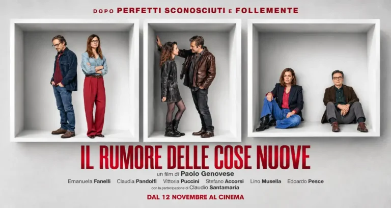 Locandina del film Il rumore delle cose nuove di Paolo Genovese con il cast diviso in tre box bianchi su sfondo grigio