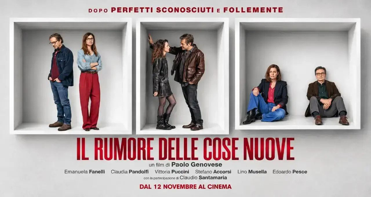Locandina del film Il rumore delle cose nuove di Paolo Genovese con il cast diviso in tre box bianchi su sfondo grigio