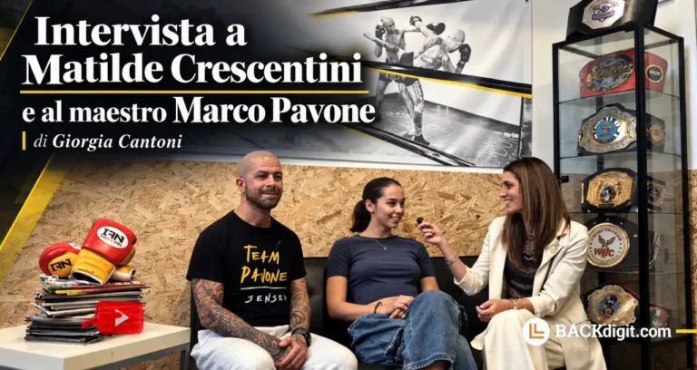 Giorgia Cantoni intervista Matilde Crescentini e il maestro Marco Pavone in una palestra con cinture da campione in vetrina