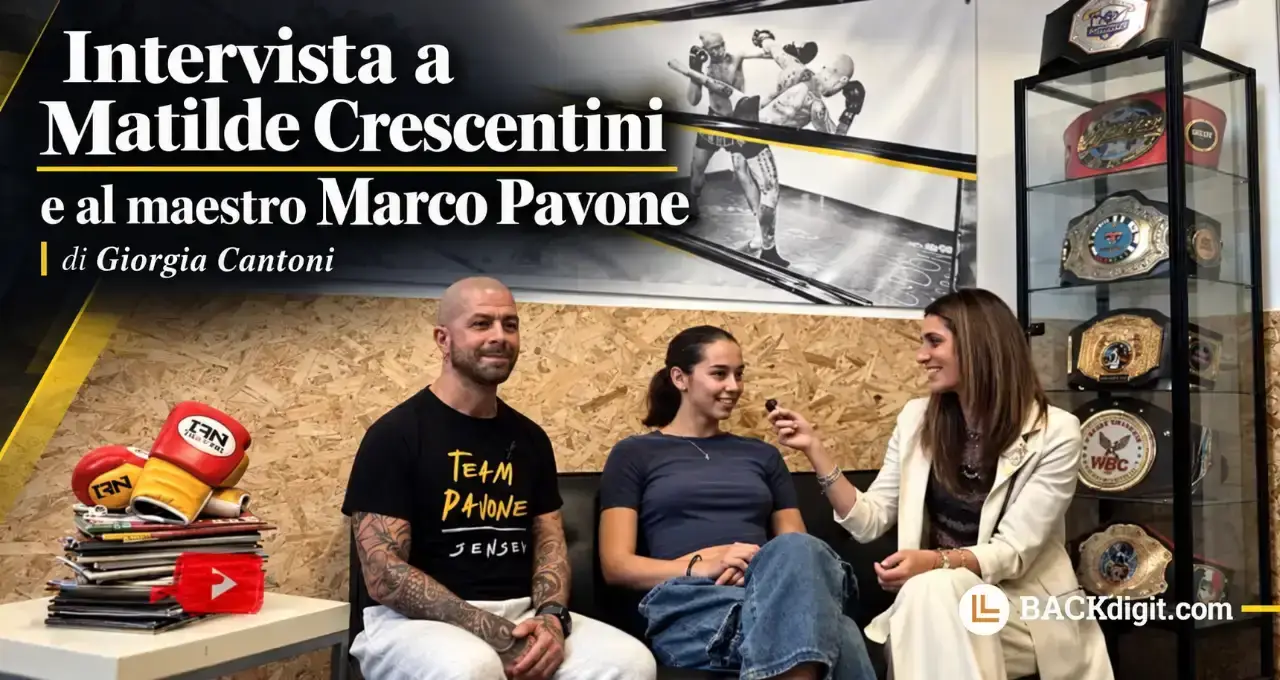 Giorgia Cantoni intervista Matilde Crescentini e il maestro Marco Pavone in una palestra con cinture da campione in vetrina