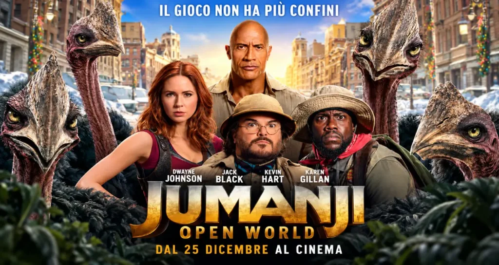 Poster del film Jumanji: Open World con Dwayne Johnson, Karen Gillan, Jack Black e Kevin Hart in primo piano, titoli dorati