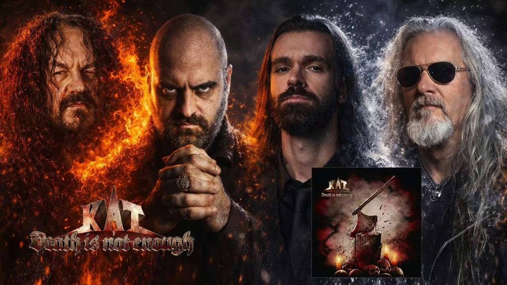 I quattro membri dei KAT in primo piano con sfondo di fiamme, logo KAT e copertina dell'album "Death Is Not Enough" in basso
