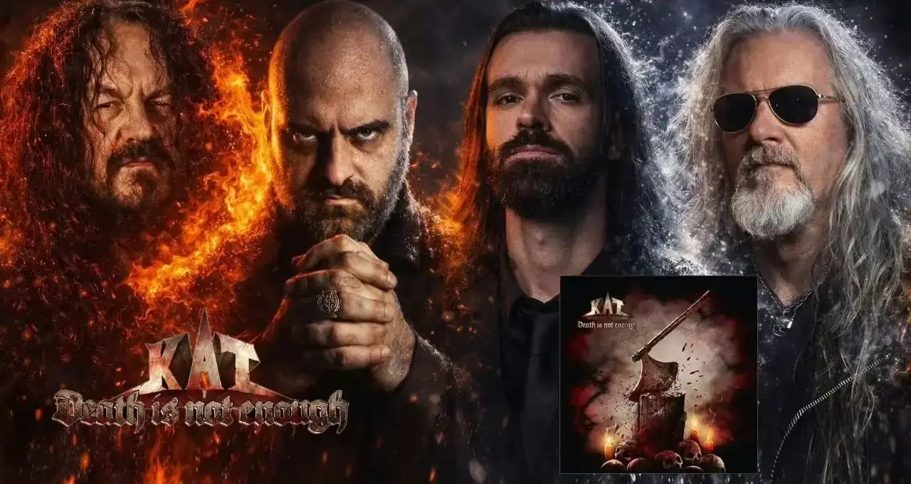 I quattro membri dei KAT in posa frontale su sfondo fiammeggiante, logo KAT e copertina dell'album "Death Is Not Enough" in