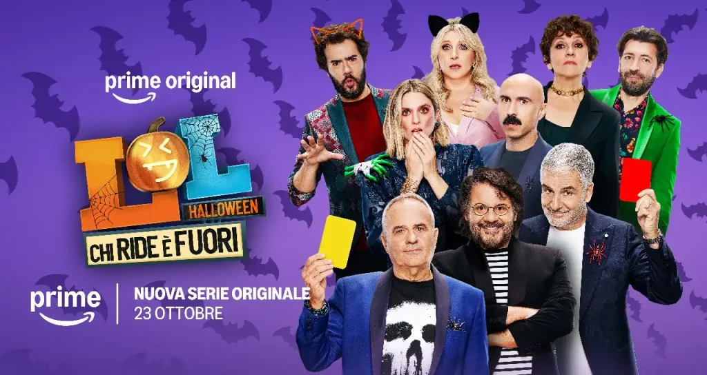 Locandina di LOL Halloween Special con i comici protagonisti su sfondo viola, scritte promozionali e date di uscita su Prime