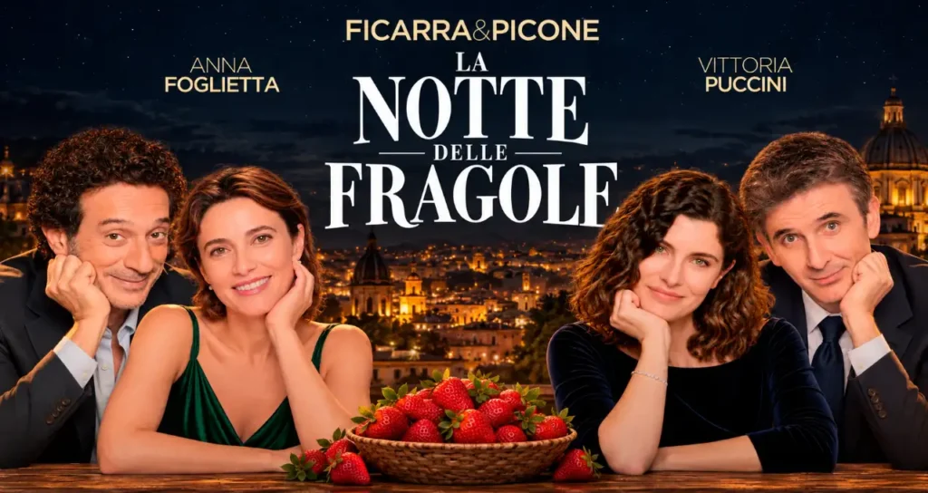 Ficarra e Picone e due attrici sorridenti seduti a un tavolo con una cesta di fragole in primo piano e il titolo "La notte