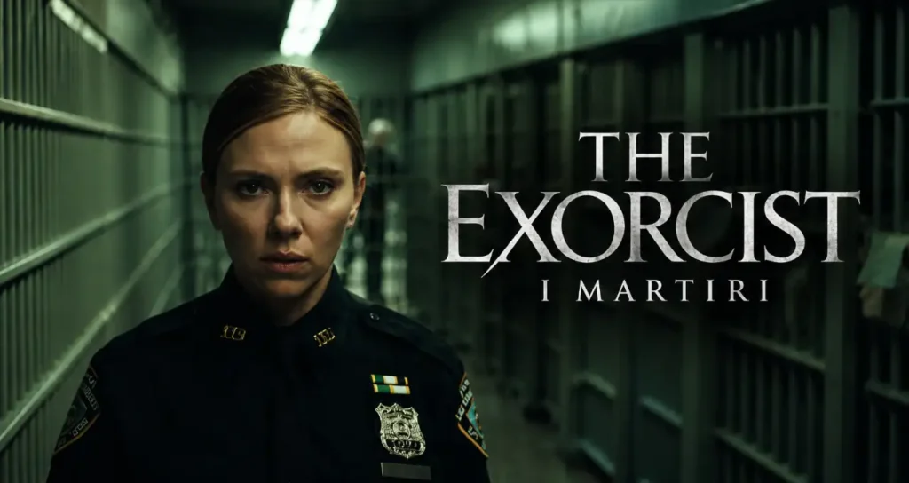 Scarlett Johansson in divisa da poliziotta cammina in un corridoio di prigione nel trailer The Exorcist: I Martiri