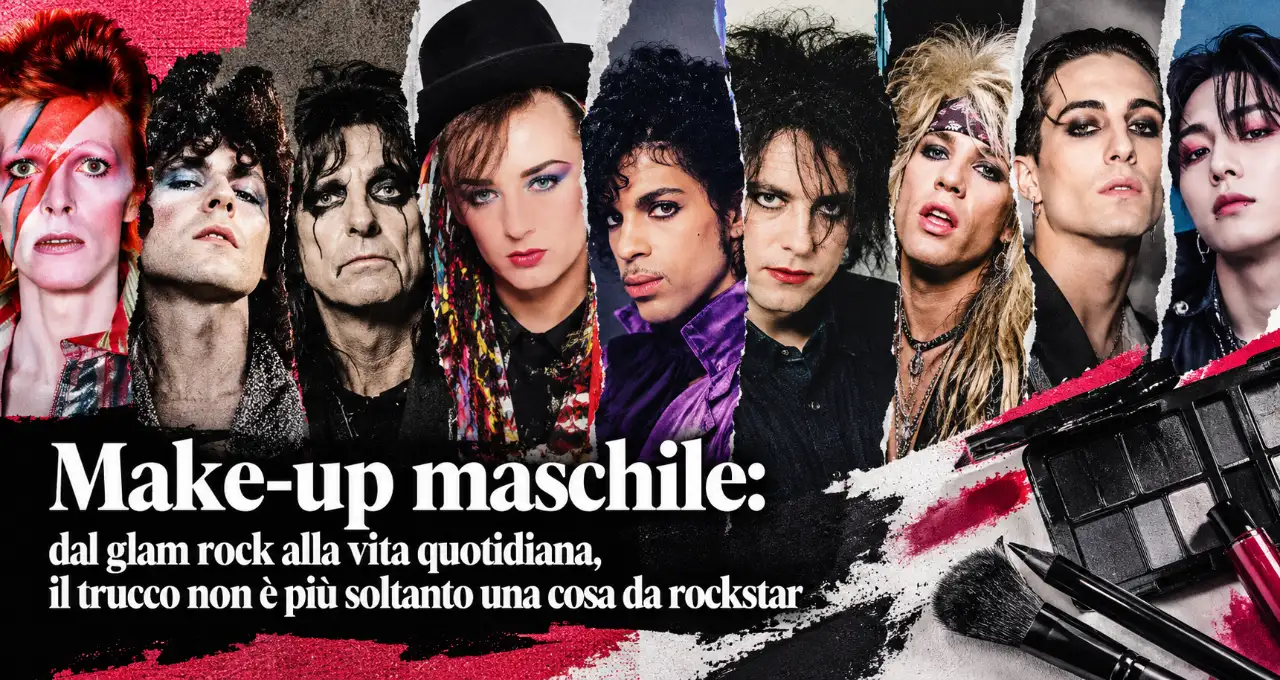 Collage di ritratti di rockstar truccate dagli anni Settanta-Ottanta con eyeliner scuri, rossetto e capelli eccentrici