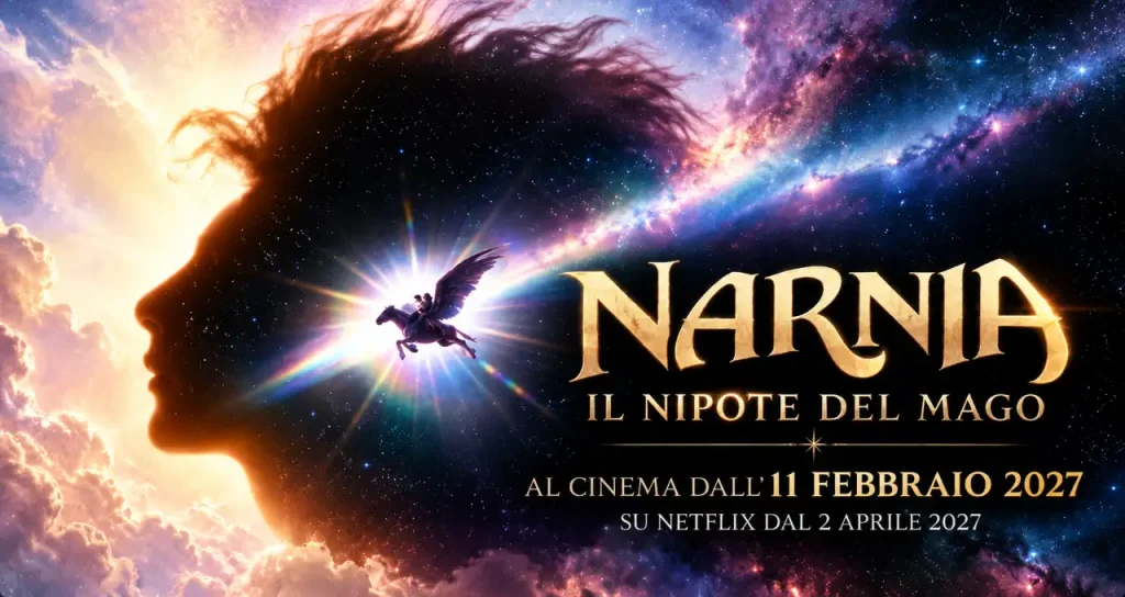 Poster di Narnia: Il Nipote del Mago con il profilo di una figura cosmica, un cavallo alato in volo e le date di uscita