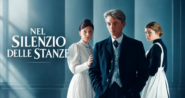 Locandina di Nel silenzio delle stanze 1908 con un uomo in abito scuro tra due donne in abiti d'epoca su sfondo azzurro