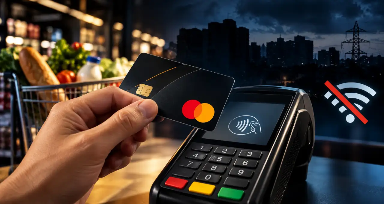 Mano che avvicina una carta Mastercard a un terminale POS con un simbolo di connessione Wi-Fi barrato per i pagamenti