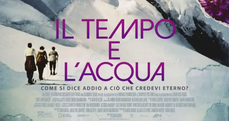 Locandina del documentario Il tempo e l'acqua con tre persone che camminano su un ghiacciaio sotto il titolo in viola
