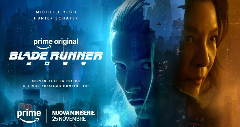Poster di Blade Runner 2099 con Michelle Yeoh e Hunter Schafer su sfondo urbano futuristico blu e data 25 novembre