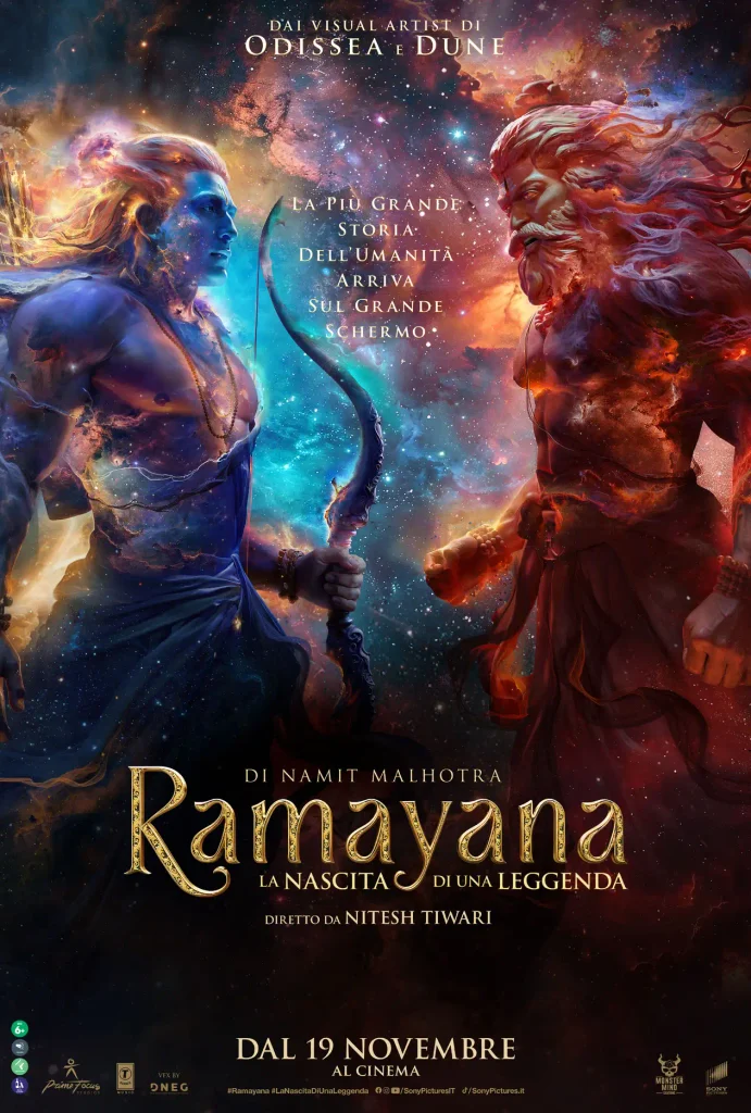 Locandina con Rama blu a sinistra che impugna un arco e Ravana rosso a destra che si fronteggiano, titolo "Ramayana: La