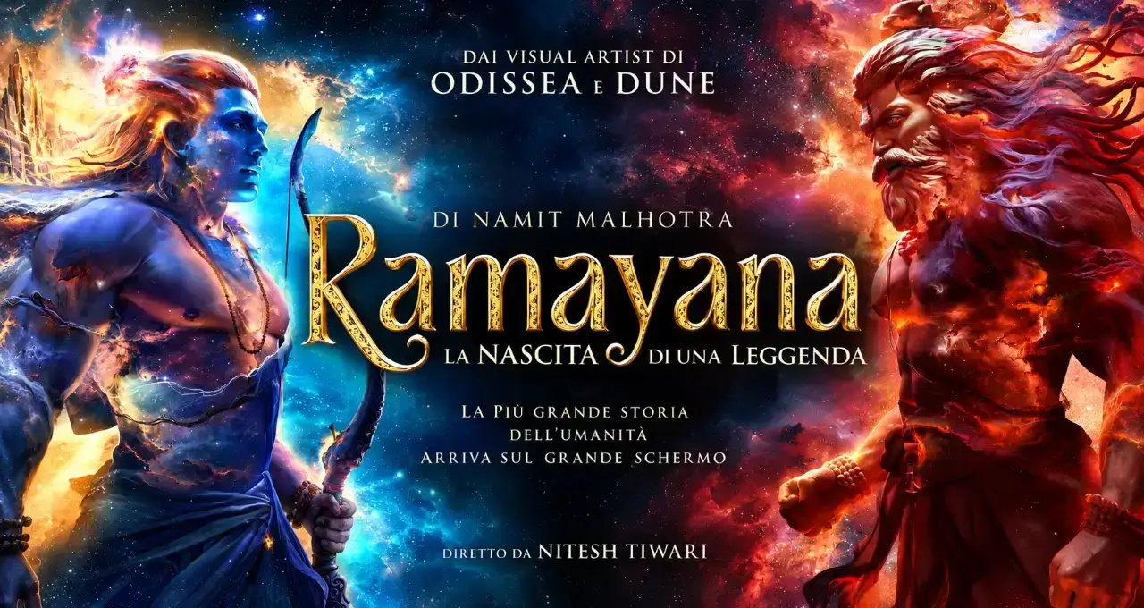 Locandina colorata del film Ramayana: due guerrieri contrapposti — arciere blu a sinistra e uomo infuocato a destra — titolo
