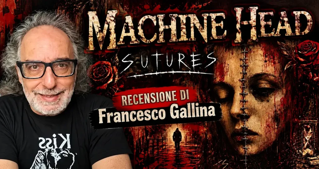 Francesco Gallina sorridente a sinistra con occhiali e maglietta nera; a destra grafica scura con titolo Machine Head