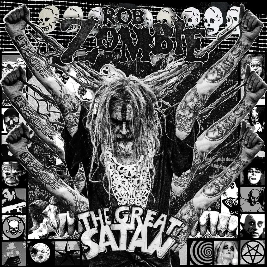 Rob Zombie centrale con capelli lunghi e barbetta, braccia multiple tatuate che si estendono, titolo "The Great Satan" e