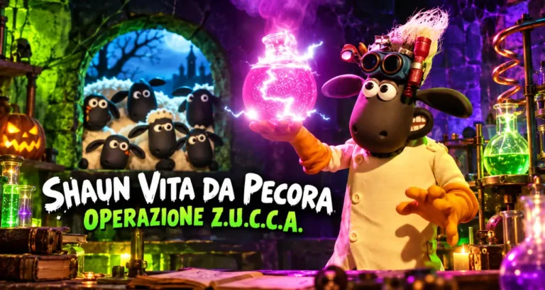 Shaun vita da pecora in camice da scienziato tiene in mano una sfera elettrica viola nel film Operazione Z.U.C.C.A. di