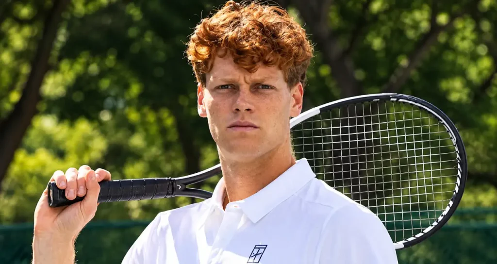 Jannik Sinner in polo bianca con racchetta appoggiata sulla spalla, sguardo serio e sfondo alberato del campo da tennis