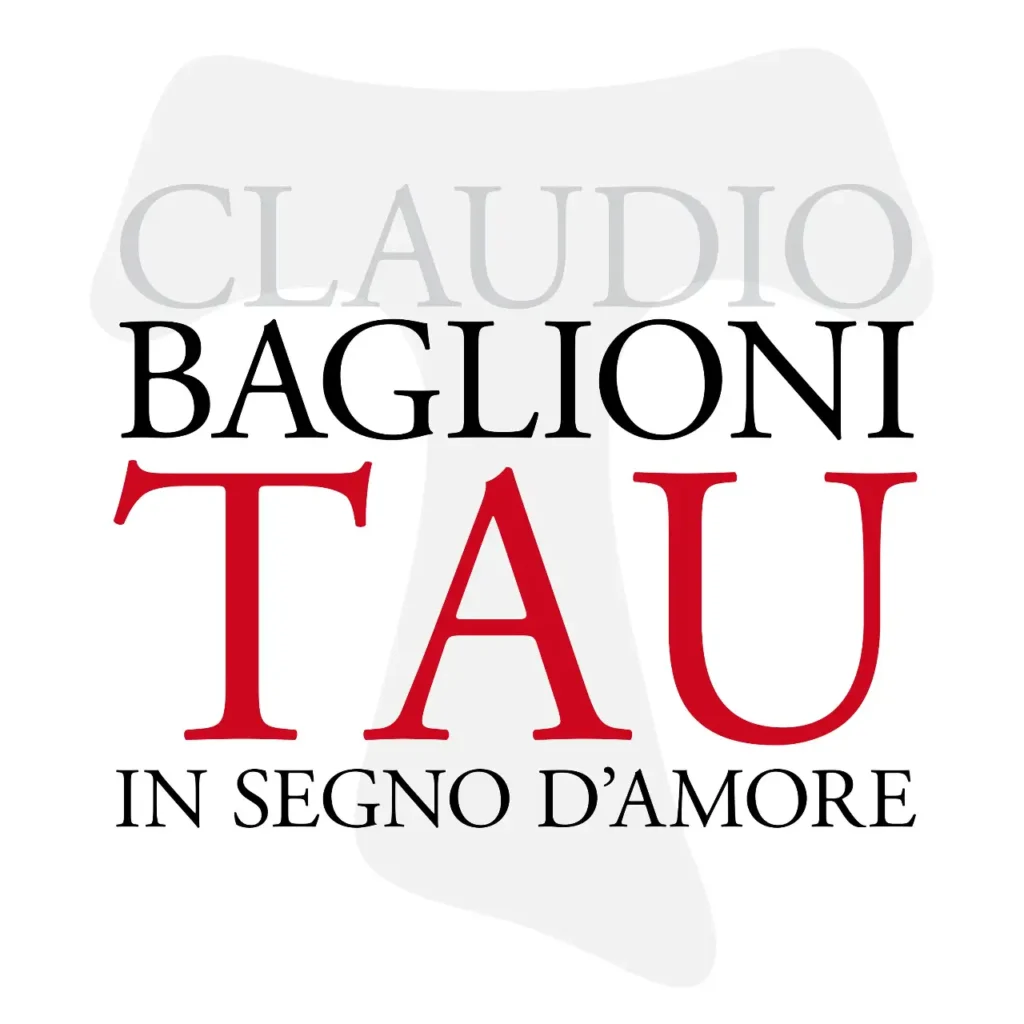 Logo del progetto Tau in segno d'amore di Claudio Baglioni, con scritte nere e rosse su sfondo grigio a forma di croce tau