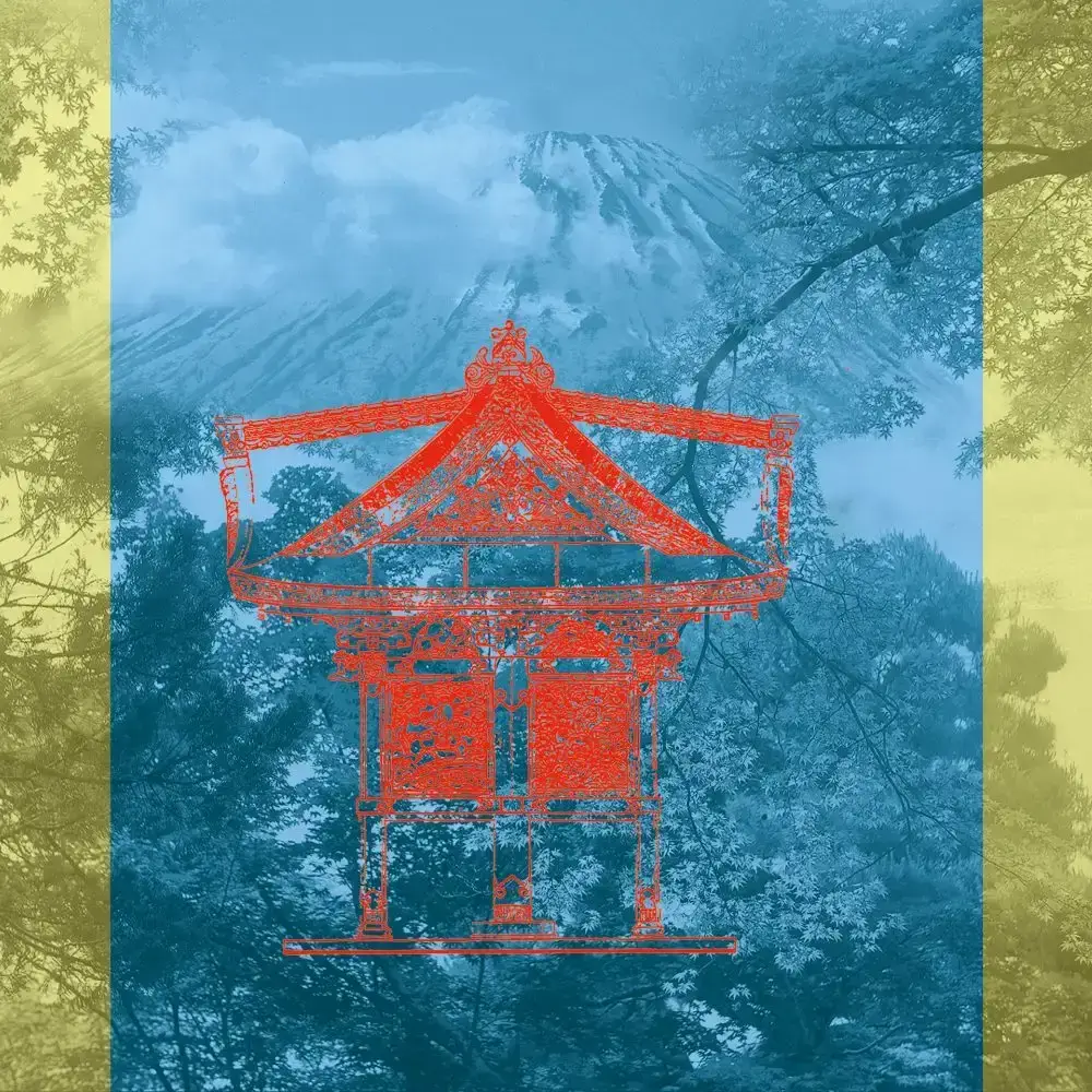 Grafica stilizzata con un tempio giapponese rosso su sfondo blu che ritrae il monte Fuji e alberi, copertina di The Gate