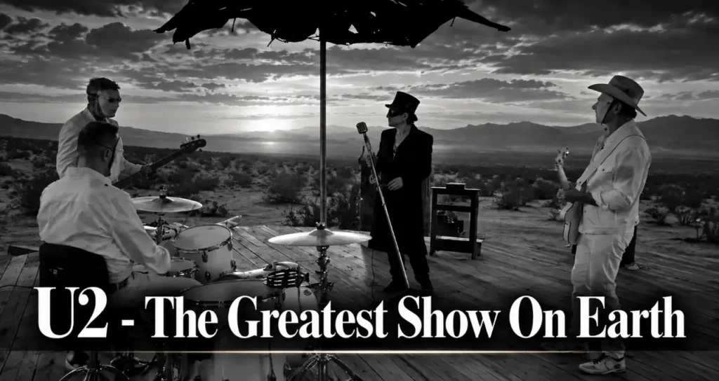 Gli U2 suonano in bianco e nero nel deserto al tramonto sotto un ombrellone con la scritta U2 - The Greatest Show On Earth