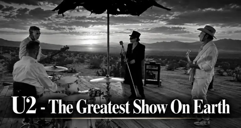 Gli U2 suonano in bianco e nero nel deserto al tramonto sotto un ombrellone con la scritta U2 - The Greatest Show On Earth