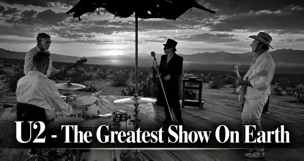 Gli U2 suonano in bianco e nero nel deserto al tramonto sotto un ombrellone con la scritta U2 - The Greatest Show On Earth